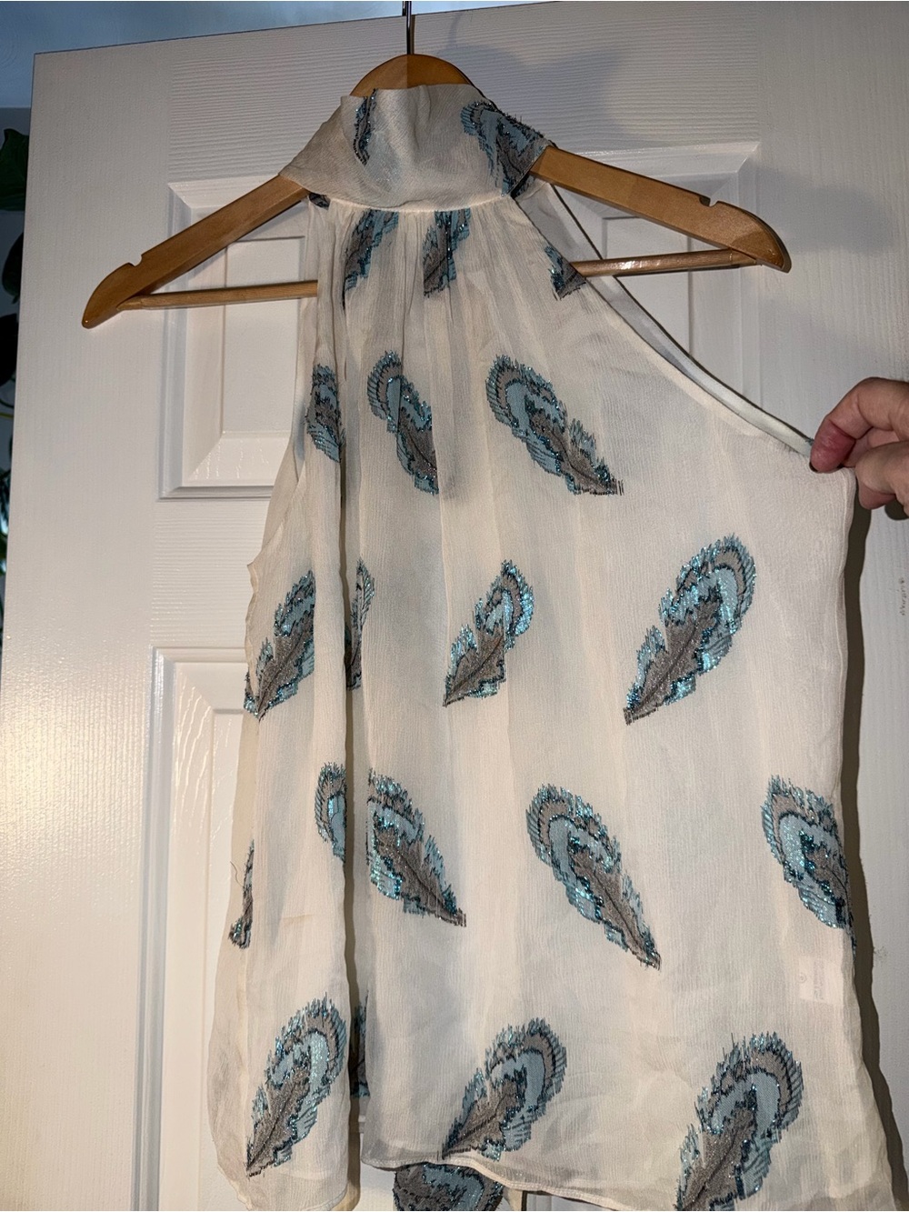 Ramy Brook Women's Silk Cream Halter Dress with Blue Feather Metallic Accents XS